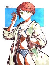Rule 34 | bikini, blue background, bracelet, breasts, brown eyes, cleavage, collarbone, commentary, cowboy shot, danganronpa (series), danganronpa 2: goodbye despair, dated, freckles, grey background, jacket, jewelry, kiri (2htkz), koizumi mahiru, large breasts, long sleeves, open clothes, open jacket, polka dot, polka dot bikini, red hair, see-through, short hair, sleeves past elbows, smile, solo, stomach, swimsuit, swimsuit cover-up, symbol-only commentary
