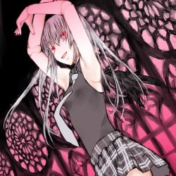 Rule 34 | 00s, 1girl, armpits, arms up, casual, doll joints, joints, kakashichi, light smile, long hair, necktie, open mouth, red eyes, rozen maiden, solo, suigintou, white hair