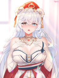 Rule 34 | 1girl, animal ears, arknights, backlighting, bare shoulders, bear ears, blue eyes, blush, breasts, brown eyes, detached collar, dress, elbow gloves, gloves, heterochromia, highres, jewelry, large breasts, lingshalan, lipstick, long hair, looking at viewer, makeup, necklace, nose blush, official alternate costume, open mouth, red headwear, rosa (arknights), rosa (masterpiece) (arknights), sash, silver hair, solo, strapless, strapless dress, upper body, very long hair, white dress, white gloves