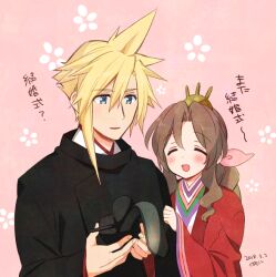 Rule 34 | 1boy, 1girl, aerith gainsborough, artist name, black headwear, black kimono, blonde hair, blue eyes, blush, braid, braided ponytail, brown hair, closed eyes, cloud strife, couple, crown, dated, final fantasy, final fantasy vii, hair between eyes, hair ribbon, hand on another&#039;s arm, hetero, hina ningyou, hinamatsuri, hirabitai, holding headpiece, japanese clothes, kimono, krudears, layered clothes, layered kimono, long hair, official alternate costume, open mouth, parted bangs, parted lips, pink background, pink ribbon, red kimono, ribbon, saishi, short hair, sidelocks, single braid, smile, spiked hair, upper body, wavy hair, wide sleeves