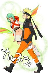 Rule 34 | 1boy, 1girl, airborne, artist request, blonde hair, blue eyes, blush, breasts, detached sleeves, facial mark, flying, forehead protector, fuu (naruto), green hair, hair ornament, hairclip, hands in pockets, happy, headband, jacket, light green hair, looking at another, mesh shirt, midriff, multicolored clothes, multicolored jacket, naruto (series), naruto shippuuden, navel, orange eyes, pouch, sandals, short hair, smile, spiked hair, stomach, tank top, text focus, toes, uzumaki naruto, walking, whisker markings, wings