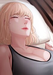 Rule 34 | 1girl, blonde hair, breasts, cleavage, closed eyes, ggli (yuine wantan), highres, large breasts, lips, lying, mole, mole under eye, nose, original, pillow, short hair, sleeping, solo, tank top, upper body