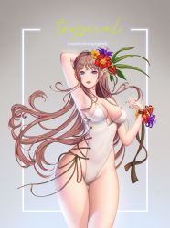 Rule 34 | 1girl, arm behind head, bikini, blue eyes, blue nails, blush, breasts, brown hair, floating hair, flower, groin, hair flower, hair ornament, hand up, highleg, highleg swimsuit, highres, large breasts, long hair, looking at viewer, nail polish, one-piece swimsuit, original, ribbon, sidelocks, smile, solo, subong, summer, swimsuit, thighs, tropical, very long hair, wrist ribbon