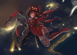 Rule 34 | 1girl, android, assault rifle, black eyes, black hair, brown eyes, brown hair, covered navel, dual wielding, erica (naze1940), extra arms, firing, flying, grin, gun, headgear, holding, joints, knife, mecha musume, mechanical arms, military, original, pointing, rifle, robot joints, short hair, smile, smoke, solo, weapon