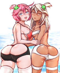 Rule 34 | 2girls, ahoge, arc system works, artist request, ass, ass cutout, belt bra, bikini, bikini top only, blue eyes, blush, bra, breasts, butt crack, clothing cutout, clover, dark-skinned female, dark skin, elphelt valentine, four-leaf clover, from behind, guilty gear, guilty gear xrd, huge ass, large breasts, leaning, leaning forward, long hair, looking at viewer, multiple girls, open mouth, orange eyes, pink hair, ramlethal valentine, shiny clothes, shiny skin, short hair, short shorts, shorts, siblings, side ponytail, sideboob, sisters, smile, swimsuit, thighhighs, underwear, water, wet, white legwear