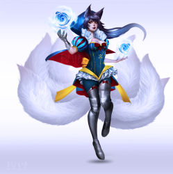 Rule 34 | 1girl, ahri (league of legends), animal ears, black hair, blue flower, blue rose, boissb, boots, breasts, cleavage, commentary, cosplay, disney, facial mark, flower, fox ears, fox girl, fox tail, full body, gloves, league of legends, medium breasts, multiple tails, orb, puff and slash sleeves, puffy sleeves, rose, single glove, slit pupils, snow white, snow white (disney), snow white (disney) (cosplay), snow white and the seven dwarfs, solo, standing, tail, thigh boots, thighhighs, whisker markings, yellow eyes