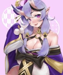 Rule 34 | 1girl, bare shoulders, black hair, blush, breasts, cleavage, commission, crescent, crescent hair ornament, eyelashes, fang, hair ornament, hair ribbon, hair stick, hair tubes, highres, horns, japanese clothes, kimono, large breasts, light purple hair, long hair, mole, mole on thigh, mole under mouth, multicolored hair, nanja, nijisanji, o-ring, obi, off shoulder, oni, parted lips, pointy ears, pom pom (clothes), purple eyes, purple kimono, purple ribbon, ribbon, rindou mikoto, sash, second-party source, short eyebrows, short kimono, skin-covered horns, skin fang, sleeves past fingers, sleeves past wrists, smile, solo, streaked hair, thick eyebrows, twintails, two-tone background, two-tone hair, upper body, virtual youtuber, wide sleeves, yagasuri