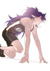 Rule 34 | 1boy, absurdres, black footwear, black shorts, black tank top, fengxi (the legend of luoxiaohei), highres, long hair, parted lips, pointy ears, purple hair, shoes, shorts, simple background, solo, tanglianziyinyuanhuiwodi, tank top, luo xiaohei zhanji, very long hair, white background