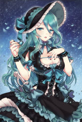 Rule 34 | 1girl, arm garter, arms up, bittersweet (dalcoms), bonnet, bow, breasts, brooch, dress, frilled dress, frills, green eyes, green hair, hair between eyes, holding, jewelry, layered dress, long hair, lowres, matching hair/eyes, nail polish, ribbon, solo, sword girls, wavy hair