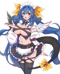 Rule 34 | 1girl, angel wings, asymmetrical wings, belt, black bow, black thighhighs, bow, breasts, chemaru (a8l), cleavage, detached collar, detached sleeves, dizzy (guilty gear), guilty gear, hair between eyes, hair ornament, hair rings, highres, large breasts, long hair, long sleeves, looking at viewer, maid, maid headdress, mature female, midriff, mini wings, miniskirt, navel, open mouth, pleated skirt, puffy long sleeves, puffy sleeves, red eyes, revealing clothes, ribbon, simple background, skindentation, skirt, solo, stomach, tail, tail ornament, tail ribbon, thick thighs, thighhighs, thighs, twintails, underboob, white background, wings, yellow ribbon