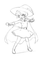 Rule 34 | 1girl, camel (dansen), cape, dragon quest, dragon quest iii, dress, female focus, full body, hat, mage (dq3), monochrome, open mouth, solo, staff, witch hat
