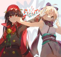 Rule 34 | &gt;:t, 2girls, :t, ;d, ahoge, armpits, artist name, bare arms, bare shoulders, belt, belt buckle, black bow, black coat, black hair, blonde hair, bow, brown eyes, buckle, buttons, cape, coat, double-breasted, face punch, fate/grand order, fate (series), gloves, green ribbon, hair bow, hand on another&#039;s face, hand on another&#039;s head, hat, head tilt, in the face, japanese clothes, kimono, koha-ace, long hair, long sleeves, looking at viewer, multiple girls, namie-kun, obi, oda nobunaga (fate), oda nobunaga (koha-ace), okita souji (fate), okita souji (koha-ace), one eye closed, open mouth, outstretched arm, punching, purple bow, purple scarf, pushing away, red cape, red eyes, red headwear, ribbon, sash, scarf, sleeveless, sleeveless kimono, smile, tareme, two-tone background, v, v-shaped eyebrows, very long hair, white bow, white gloves