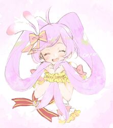 Rule 34 | 1girl, :d, ^ ^, ahoge, blush, bow, closed eyes, coyo (pp coyo), cropped torso, facing viewer, feather hair ornament, feathers, frills, hair bow, hair lift, hair ornament, hands in hair, hands up, happy, highres, holding, holding hair, holding own hair, idol clothes, long hair, manaka laala, open mouth, pink bow, pretty series, pripara, purple hair, smile, solo, twintails, very long hair, wrist cuffs