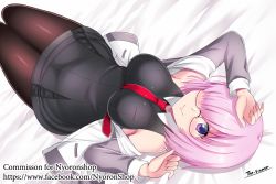 Rule 34 | 1girl, armpits, artist name, bare shoulders, bed sheet, between breasts, black-framed eyewear, black dress, black pantyhose, blush, breasts, closed mouth, dress, eyebrows, eyelashes, fate/grand order, fate (series), glasses, grey hoodie, grey jacket, hair over one eye, hood, hoodie, jacket, large breasts, light purple hair, long sleeves, looking at viewer, lying, mash kyrielight, midriff, nail polish, necktie, on back, open clothes, open hoodie, open jacket, pantyhose, pocket, purple eyes, red necktie, semi-rimless eyewear, shiny clothes, shiny skin, short hair, signature, simple background, smile, solo, the-sinner, thighhighs, watermark, web address, wide hips