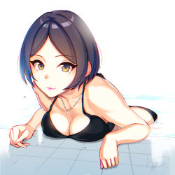 Rule 34 | 1girl, bent over, bikini, black bikini, black hair, breasts, brown eyes, cleavage, closed mouth, collarbone, hayami kanade, highres, idolmaster, idolmaster cinderella girls, jewelry, kanamura will, medium breasts, necklace, parted bangs, partially submerged, pool, short hair, signature, simple background, smile, solo, swimsuit, white background