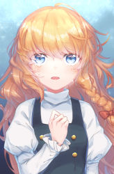 Rule 34 | 1girl, ahoge, black dress, blonde hair, blue background, blue eyes, blush, bow, braid, commentary request, crying, crying with eyes open, dress, frilled sleeves, frills, gloves, hair bow, hand on own chest, highres, kirisame marisa, kisamu (ksmz), long hair, long sleeves, looking at viewer, no headwear, open mouth, pinafore dress, red bow, side braid, sleeveless dress, solo, tears, touhou, upper body, white gloves
