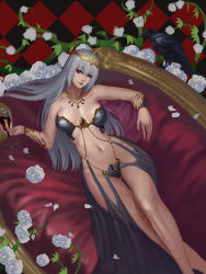 Rule 34 | 1girl, absurdres, alcohol, bird, black background, black skirt, bracelet, breasts, breasts apart, chain, checkered background, cleavage, colored eyelashes, couch, crossed legs, crow, dutch angle, flower, from above, gold chain, grey eyes, head tilt, highres, hip focus, jewelry, jin yi dui, legs, lips, lipstick, long hair, long skirt, looking at viewer, lying, makeup, medium breasts, nail polish, navel, necklace, nose, on side, original, pale skin, petals, pink eyes, red background, red eyes, red lips, red nails, revealing clothes, rose, rose petals, skirt, smirk, solo, stomach, tareme, thick thighs, thighs, tiara, toned, tsurime, vampire, white flower, white rose, wide hips, wine