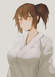 Rule 34 | 1girl, blush, breasts, brown eyes, brown hair, closed mouth, grey background, hair between eyes, highres, kaga (kancolle), kantai collection, large breasts, looking at viewer, medium hair, noccu, one side up, simple background, solo, upper body