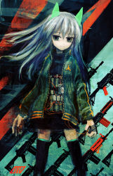 Rule 34 | 1girl, animal ears, arms at sides, assault rifle, bomb, bomb vest, cat ears, commentary, explosive, floating hair, green eyes, green jacket, gun, highres, jacket, lm7 (op-center), looking at viewer, original, rifle, silver hair, sketch, smile, solo, suicide, suicide bomb, thighhighs, time bomb, timer, weapon