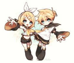 Rule 34 | 1boy, 1girl, arm warmers, black shorts, blonde hair, blue eyes, brother and sister, chibi, commentary, kagamine len, kagamine rin, leg warmers, looking at viewer, nihellie, ribbon, school uniform, short hair, shorts, siblings, simple background, vocaloid, white background, white ribbon
