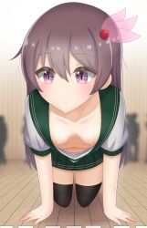 Rule 34 | 1girl, absurdres, all fours, blurry, blurry background, blush, breasts, brown hair, closed mouth, downblouse, extended downblouse, hair ornament, hanging breasts, highres, indoors, kantai collection, katsuragi b k, kisaragi (kancolle), long hair, looking at viewer, navel, nipples, no bra, on floor, purple hair, shadow, skirt, small breasts, smile, solo, sweat, thighhighs, wooden floor