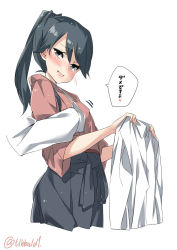 Rule 34 | 10s, 1girl, bad id, bad twitter id, black eyes, black hair, blush, collared shirt, cowboy shot, ebifurya, groping, hair between eyes, hakama, hakama skirt, hand under clothes, heart, highres, holding, holding clothes, holding shirt, houshou (kancolle), inactive account, japanese clothes, kantai collection, kimono, long hair, looking to the side, motion lines, open mouth, ponytail, red kimono, shirt, simple background, skirt, solo focus, speech bubble, spoken heart, tasuki, translated, twitter username, white background, white shirt