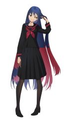 Rule 34 | 1girl, babalon (housamo), black pantyhose, black sclera, black shirt, black skirt, blue hair, brown eyes, closed mouth, colored sclera, full body, hand in own hair, hand up, heterochromia, highres, long hair, long sleeves, looking at viewer, medium skirt, multicolored hair, neckerchief, pantyhose, pleated skirt, red hair, red neckerchief, sailor collar, sailor shirt, school uniform, serafuku, shirt, simple background, skirt, smile, solo, standing, tokyo houkago summoners, two-tone hair, tyou, very long hair, white background, yellow eyes