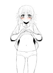 Rule 34 | 1girl, blush, bow, bow panties, closed mouth, clothes lift, collared shirt, commentary, earrings, english commentary, greyscale, hair between eyes, highres, holding, holding clothes, holding shirt, jewelry, long hair, long sleeves, monochrome, original, panties, reef (sanomsai products), shirt, shirt lift, simple background, sleeves pushed up, solo, spot color, underwear, vest