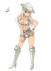 Rule 34 | 1girl, bare shoulders, belt, blonde hair, blush, boots, breasts, closed mouth, color guide, contrapposto, cowboy hat, crop top, full body, green eyes, grey footwear, hat, high heel boots, high heels, knee boots, large breasts, long hair, looking at viewer, monster hunter (series), navel, ohta yuichi, personification, simple background, smile, solo, standing, ukanlos, white background, white hat, wristband