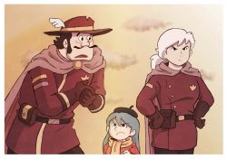 Rule 34 | 1boy, 2girls, absurdres, angry, belt, beret, black hair, blue hair, brown gloves, brown pants, cape, cloud, erik ahlberg, facial hair, gerda gustav, gloves, hands on own hips, hat, hat feather, highres, hilda, hilda (hilda), long hair, looking at another, looking away, miyazaki hayao (style), multiple girls, mustache, own hands together, pants, ponytail, pouch, pout, retro artstyle, scarf, sideburns, sky, studio ghibli (style), uniform, white hair