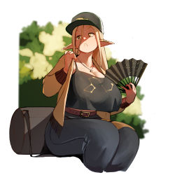 Rule 34 | 1girl, :o, absurdres, bag, baseball cap, belt, belt buckle, black bag, black hat, black shirt, blonde hair, blue pants, border, breasts, brown belt, buckle, cleavage, clothes pull, crop top, crop top overhang, cropped legs, duffel bag, earclip, feet out of frame, foliage, hand fan, hat, highres, holding, holding fan, huge breasts, jacket, jacket pull, jewelry, long hair, looking ahead, midriff, naze, necklace, open mouth, original, outdoors, outside border, pants, pointy ears, shirt, short eyebrows, sitting, solo, sweat, white border, yellow eyes, yellow jacket