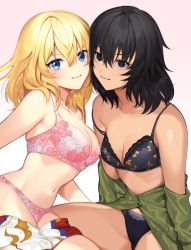 Rule 34 | 2girls, andou (girls und panzer), black bra, black hair, black panties, blonde hair, blue eyes, bra, breasts, brown eyes, cheek-to-cheek, closed mouth, clothes pull, unworn clothes, dark-skinned female, dark skin, floral print, girls und panzer, gradient background, green shirt, heads together, lace, lace-trimmed bra, lace trim, long sleeves, looking at viewer, medium breasts, medium hair, messy hair, multicolored shirt, multiple girls, navel, off shoulder, oshida (girls und panzer), panties, pink background, pink bra, pink panties, print bra, print panties, shirt, shirt pull, side-by-side, sitting, smile, strap slip, tan (inka), underwear