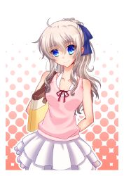 Rule 34 | 10s, 1girl, bag, blue eyes, casual, charlotte (anime), frilled skirt, frills, gradient background, halftone, halftone background, highres, long hair, ponytail, silver hair, skirt, smile, solo, tomori nao, xiule