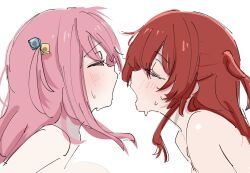 Rule 34 | 2girls, blush, bocchi the rock!, closed eyes, commentary request, cube hair ornament, from side, gotoh hitori, hair ornament, highres, implied sex, kita ikuyo, long hair, multiple girls, nude, one side up, open mouth, pink hair, profile, red hair, simple background, sketch, sweat, ukitaryu, upper body, white background