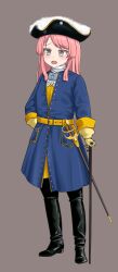Rule 34 | 1girl, absurdres, bang dream!, bang dream! it&#039;s mygo!!!!!, belt, black footwear, black hat, blue coat, boots, buttons, cane, ccxgx123, chihaya anon, coat, gloves, grey eyes, hat, highres, knee boots, long hair, military uniform, pink hair, rapier, sweden, swedish uniform, sword, tachi-e, tricorne, uniform, weapon, yellow belt, yellow gloves, yellow trim, yellow wrist cuffs