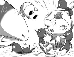 Rule 34 | 1boy, alph (pikmin), backpack, bag, bags under eyes, bulborb, commentary request, emphasis lines, fang, fang out, freckles, from side, gloves, greyscale, helmet, leaf, looking at animal, monochrome, naru (wish field), nintendo, no mouth, nostrils, open mouth, pikmin (creature), pikmin (series), pikmin 3, pointy nose, radio antenna, red pikmin, short hair, space helmet, spacesuit, teeth, upper teeth only, very short hair, whistle, wide-eyed