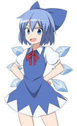 Rule 34 | &gt;:d, 1girl, :d, bad id, bad pixiv id, blouse, blue bow, blue dress, blue eyes, blue hair, bow, cirno, cowboy shot, dress, enushi (toho193), eyebrows, hair bow, hands on own hips, ice, ice wings, matching hair/eyes, open mouth, puffy short sleeves, puffy sleeves, red ribbon, ribbon, shirt, short hair, short sleeves, simple background, smile, solo, touhou, v-shaped eyebrows, white background, white shirt, wings