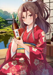 Rule 34 | 1girl, architecture, bottle, brown eyes, brown hair, building, commission, day, east asian architecture, floral print kimono, furisode, hair ribbon, high ponytail, highres, holding, holding bottle, japanese clothes, kanden sky, kantai collection, kimono, looking at viewer, obi, pixiv commission, pond, red kimono, ribbon, sash, shouji, sitting, sliding doors, smile, solo, white ribbon, wide sleeves, wooden floor, zuihou (kancolle)