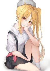 Rule 34 | 1girl, ahoge, beret, black skirt, blonde hair, bocchi the rock!, collared shirt, covering crotch, covering privates, feet out of frame, grey hat, hat, highres, ijichi nijika, kanaria hisagi, long hair, long sleeves, looking at viewer, red eyes, shirt, side ponytail, sidelocks, simple background, sitting, skirt, smile, solo, thighs, white background, white hat, white shirt