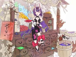 Rule 34 | 1girl, anklet, barefoot, barefoot sandals (jewelry), basket, book, bow, chest of drawers, closed eyes, colorful, cursive, doll, drawer, fate/grand order, fate (series), gem, horns, jewelry, label, merchants chest, money, nunnun000nunnun, oni, purple hair, rope, shimenawa, shuten douji (fate), sitting, sitting on object, smile, toes, tub