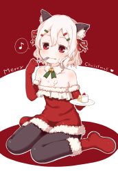 Rule 34 | 1girl, :p, animal ears, bare shoulders, boots, cake, cat ears, christmas, detached collar, food, food on body, food on face, fork, gloves, hair ornament, hairclip, highres, merry christmas, muku (muku-coffee), musical note, original, pantyhose, red eyes, red footwear, red gloves, red theme, santa costume, shiro (muku), short hair, solo, spoken musical note, tongue, tongue out, white hair