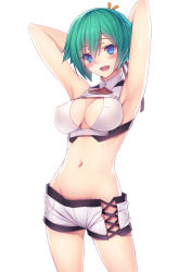 Rule 34 | 10s, 1girl, aquarion (series), aquarion evol, armpits, arms behind head, arms up, bad id, bad pixiv id, blue eyes, blush, breasts, cleavage, cleavage cutout, clothing cutout, green hair, groin, midriff, navel, no bra, no panties, open mouth, pen (steelleets), short hair, short shorts, shorts, side-tie shorts, simple background, solo, white background, zessica wong