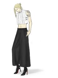 Rule 34 | 1boy, absurdres, alternate costume, alternate hairstyle, arm tattoo, bare shoulders, black nails, black pants, blonde hair, cropped shirt, fate/grand order, fate (series), full body, high heels, highres, long hair, male focus, midriff, navel, pants, sasami-telepath, shirt, shoulder tattoo, simple background, sleeveless, solo, tattoo, tezcatlipoca (fate), white background, white shirt