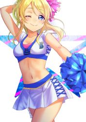 Rule 34 | 1girl, 403 (artist), ;), ayase eli, blonde hair, blue eyes, breasts, cheerleader, cleavage, collarbone, cowboy shot, crop top, floating hair, highres, long hair, love live!, love live! school idol festival, love live! school idol project, medium breasts, midriff, miniskirt, navel, one eye closed, pleated skirt, pom pom (cheerleading), signature, simple background, skirt, smile, solo, standing, stomach, white background, white skirt