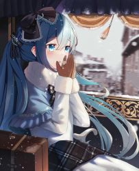 Rule 34 | 1girl, absurdres, beads, blue eyes, blue hair, blurry, blurry background, blush, bow, capelet, city, coat, commentary, curtains, frilled capelet, frills, from side, fur-trimmed coat, fur-trimmed sleeves, fur trim, gloves, hair beads, hair bow, hair ornament, half-closed eyes, hands up, hatsune miku, highres, hinaki (hinaki 0102), lace-trimmed bow, lace trim, light blush, long hair, luggage, open mouth, plaid, plaid skirt, sitting, skirt, solo, tassel, twintails, upper body, very long hair, vocaloid, warming hands, window