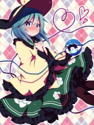 Rule 34 | 1girl, argyle, argyle background, argyle clothes, bad id, bad twitter id, black hat, black pantyhose, blush, eyeball, floral print, frilled shirt collar, frilled sleeves, frills, from side, green skirt, hat, hat ribbon, heart, heart-shaped pupils, komeiji koishi, long sleeves, looking at viewer, looking to the side, nose blush, pantyhose, petticoat, ribbon, shirt, skirt, solo, sweat, symbol-shaped pupils, third eye, touhou, wide sleeves, yellow ribbon, yellow shirt, you (noanoamoemoe)
