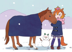 Rule 34 | 1girl, animal ears, coat, crown, horse ears, horse girl, mountain, smile, snow, snowman, t.m. opera o (racehorse), t.m. opera o (umamusume), tansu, umamusume