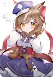 Rule 34 | &gt;:), 1girl, animal ears, blue bow, blue hat, blue skirt, blush, bow, breasts, brown eyes, brown hair, cabbie hat, center frills, closed mouth, commentary, ears through headwear, frills, hair ornament, hairclip, hands up, hat, horse ears, long hair, long sleeves, looking at viewer, matikane tannhauser (umamusume), medium breasts, multicolored hair, pleated skirt, puffy long sleeves, puffy sleeves, shirt, simple background, skirt, sleeves past wrists, smile, solo, streaked hair, toufu mentaru zabuton, translated, umamusume, v-shaped eyebrows, white background, white hair, white shirt
