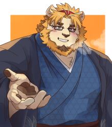 Rule 34 | 1boy, animal ears, bara, blush, commentary request, condensation, facial hair, furry, furry male, glasses, goatee, headband, highres, indie virtual youtuber, japanese clothes, kimono, kinji ninomiya, lion boy, lion ears, lion mane, looking at viewer, male focus, open hand, outstretched hand, pawpads, red headband, shirotoki (qdng0atngbaqmce), smile, thick eyebrows, upper body