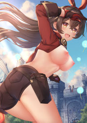 Rule 34 | 1girl, :d, absurdres, alternate breast size, amber (genshin impact), bad id, bad pixiv id, blue sky, bow, breasts, brown eyes, brown hair, brown shorts, cloud, day, floating hair, from behind, genshin impact, gloves, hair bow, hairband, haoba, highres, holster, large breasts, lens flare, long hair, long sleeves, nipples, open mouth, outdoors, red bow, red gloves, red hairband, short shorts, shorts, shrug (clothing), sky, smile, solo, standing, very long hair